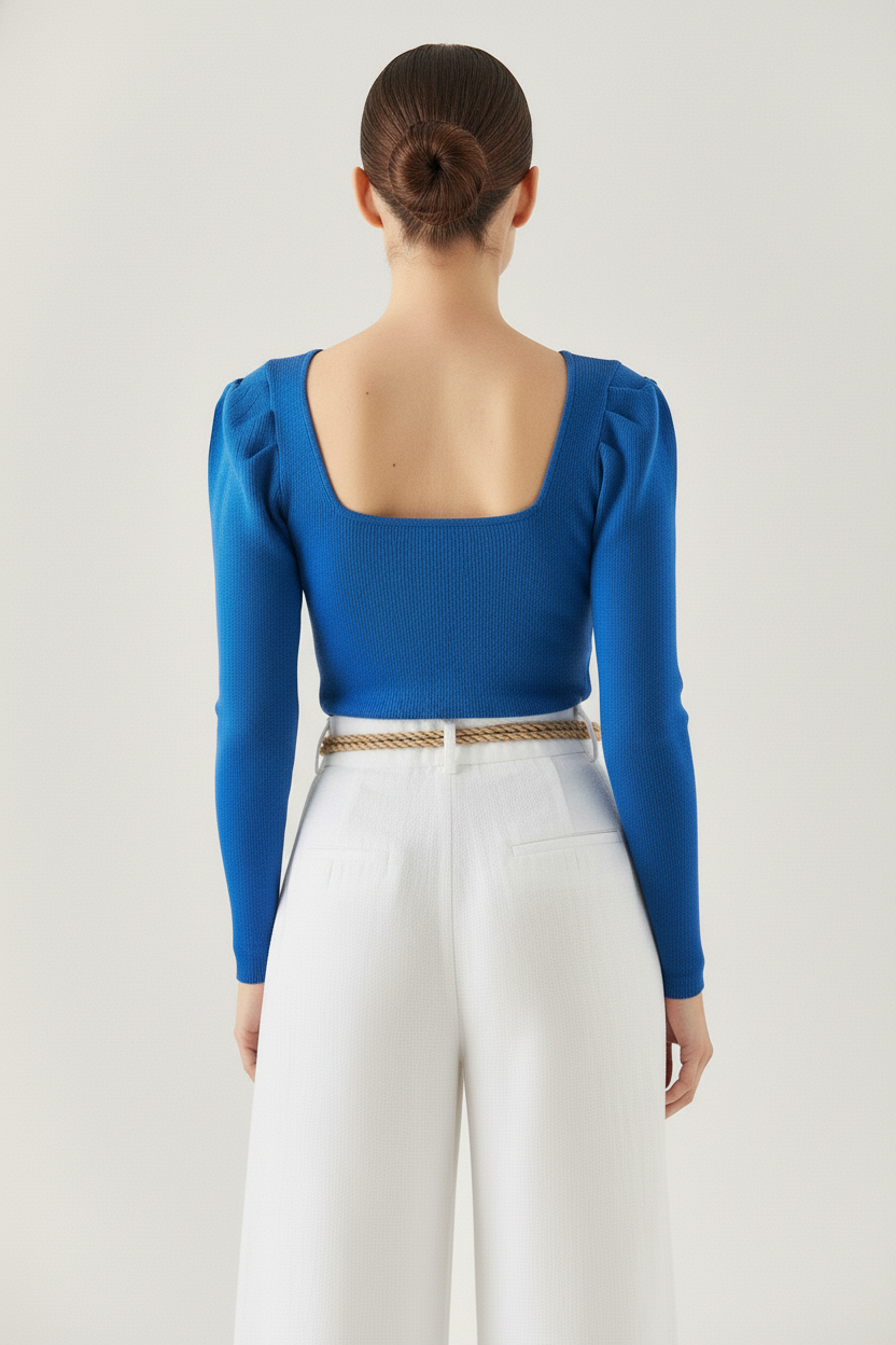 Kare Yaka Prenses Kol Kaşkorse Bluz - Saks Mavi