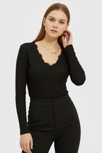 Önü ve Arkası V Yaka Dantel Detaylı Kaşkorse Pamuklu Uzun Kollu Bluz - Siyah