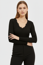 Önü ve Arkası V Yaka Dantel Detaylı Kaşkorse Pamuklu Uzun Kollu Bluz - Siyah