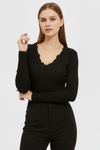 Önü ve Arkası V Yaka Dantel Detaylı Kaşkorse Pamuklu Uzun Kollu Bluz - Siyah