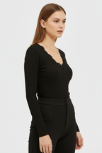 Önü ve Arkası V Yaka Dantel Detaylı Kaşkorse Pamuklu Uzun Kollu Bluz - Siyah