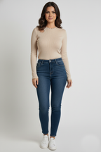 Bisiklet Yaka Cut Out kesimli Taşlı Fitilli Kaşkorse Bluz - Krem