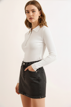 Fermuarlı Polo Yaka Kaşkorse Pamuklu Bluz - Beyaz