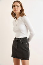 Fermuarlı Polo Yaka Kaşkorse Pamuklu Bluz - Beyaz