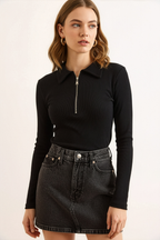 Siyah Fermuarlı Polo Yaka Kaşkorse Pamuklu Bluz