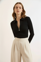 Fermuarlı Polo Yaka Kaşkorse Bluz - Siyah