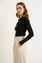 Fermuarlı Polo Yaka Kaşkorse Bluz - Siyah