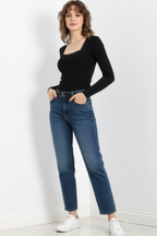 Kare Yaka Dantelli Kaşkorse Bluz - Siyah