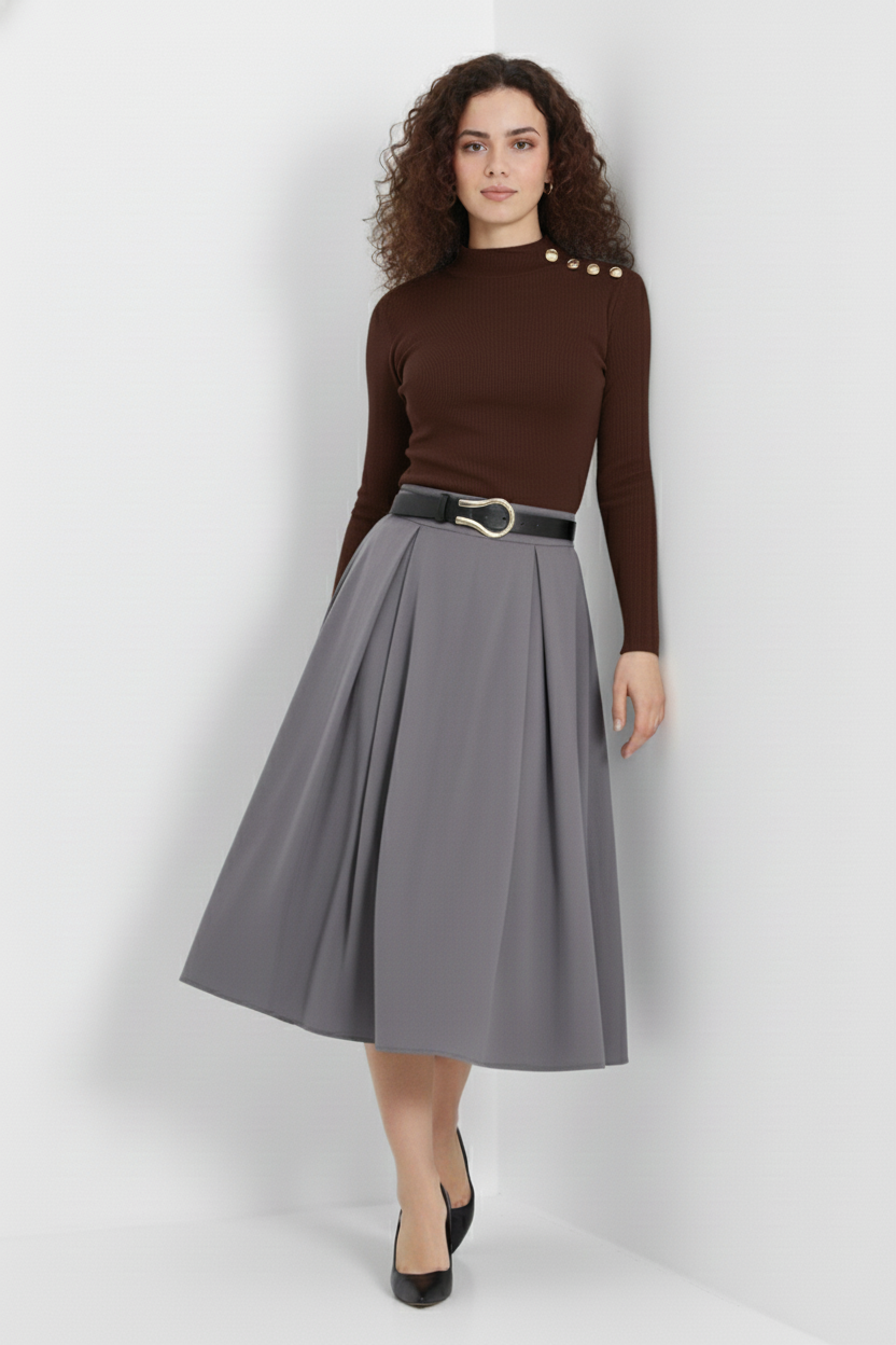 Gold Düğmeli Balıkçı Yaka Fitilli Kaşkorse Bluz – Kahverengi