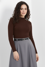 Gold Düğmeli Balıkçı Yaka Fitilli Kaşkorse Bluz – Kahverengi