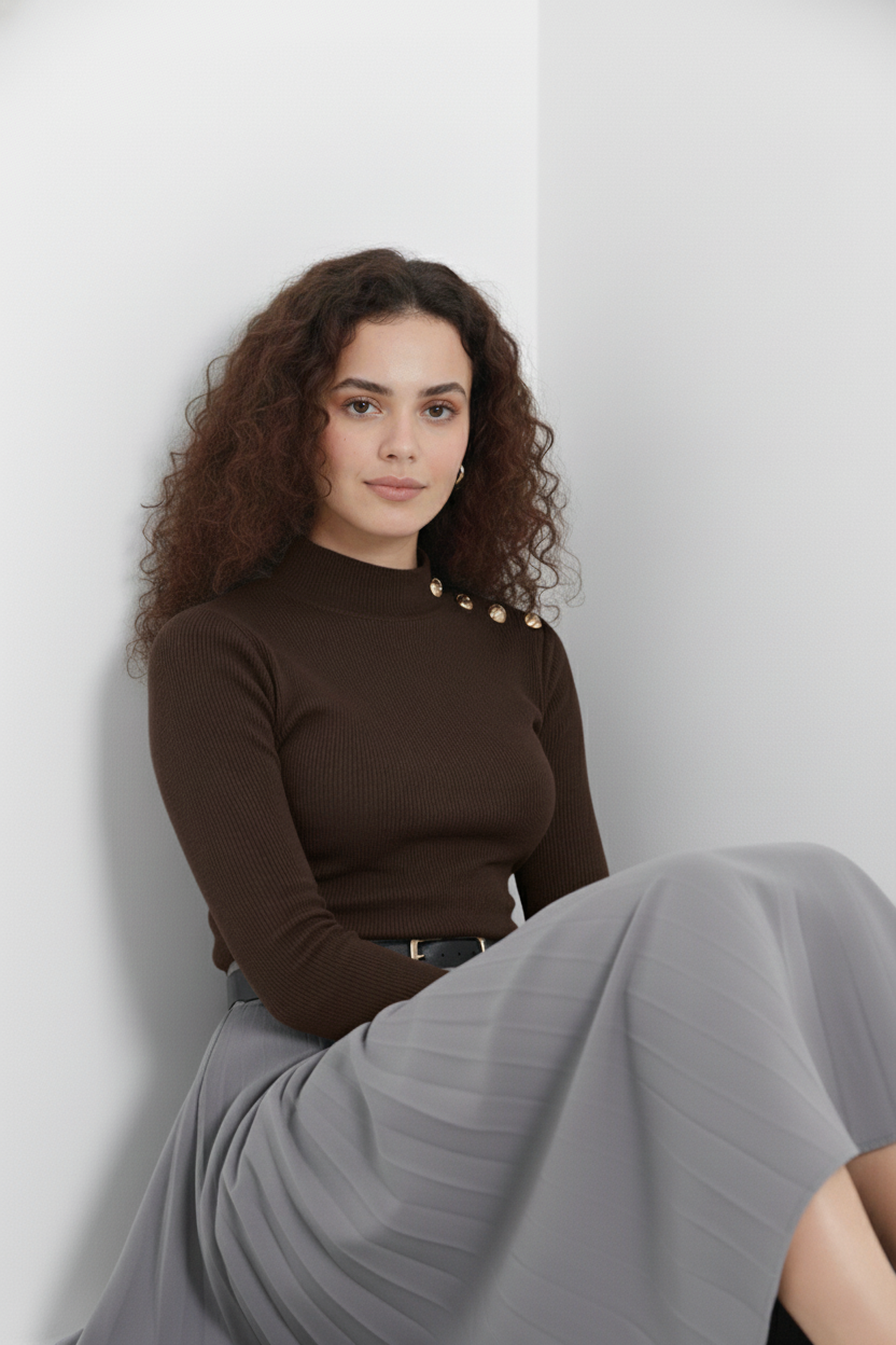 Gold Düğmeli Balıkçı Yaka Fitilli Kaşkorse Bluz – Kahverengi