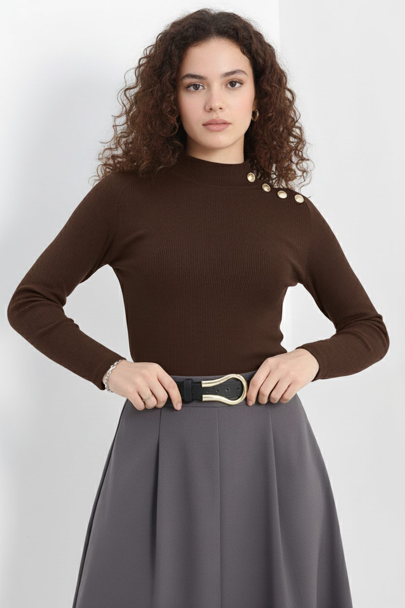 Gold Düğmeli Balıkçı Yaka Fitilli Kaşkorse Bluz – Kahverengi