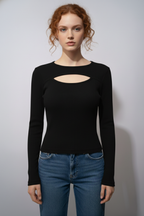 Balıkçı Yaka Cut Out Kesimli Fitilli Kaşkorse Bluz – Siyah