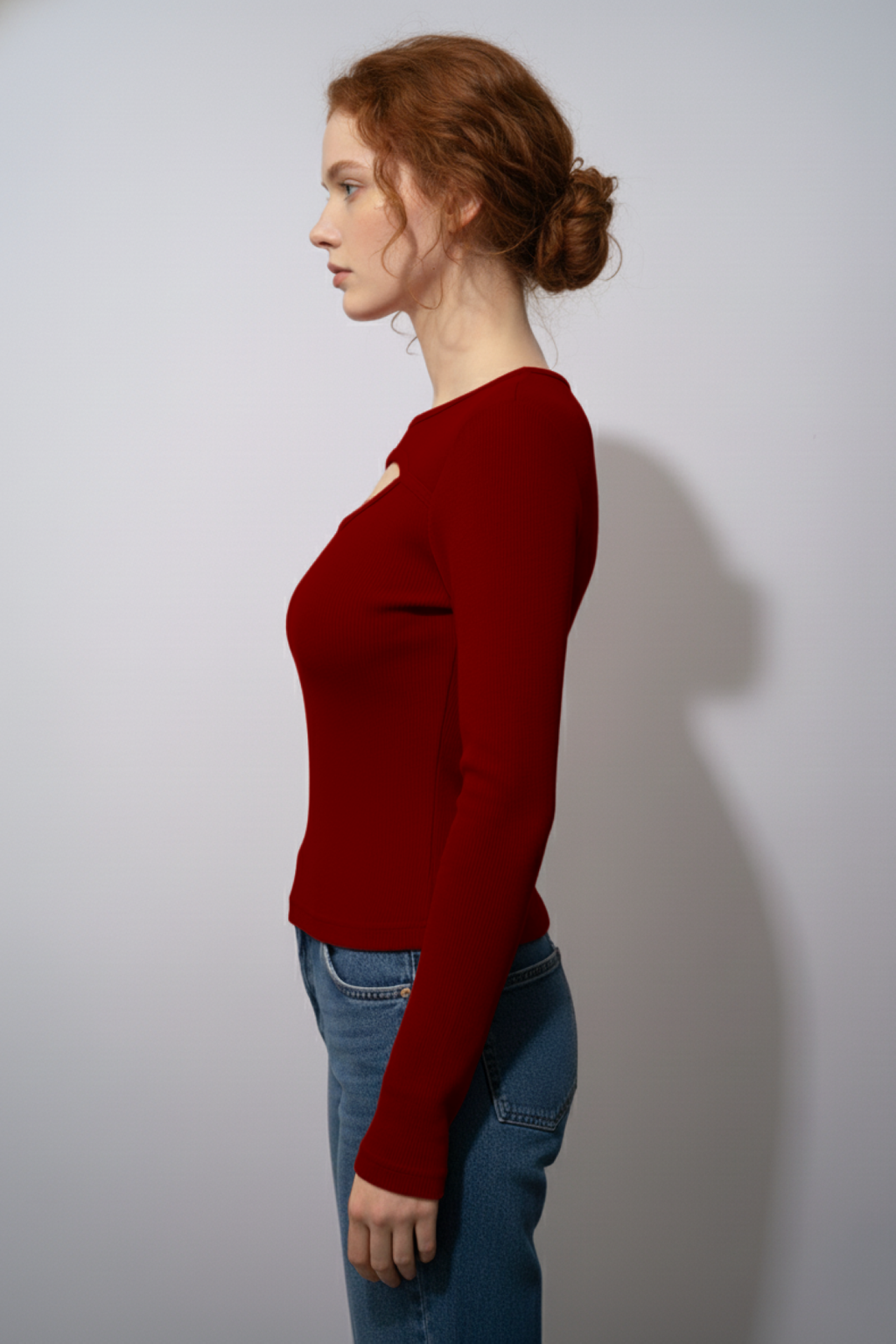 Balıkçı Yaka Cut Out Kesimli Fitilli Kaşkorse Bluz – Kırmızı