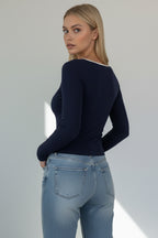 Kare Yaka Kurdele Detay Kaşkorse Bluz - Lacivert