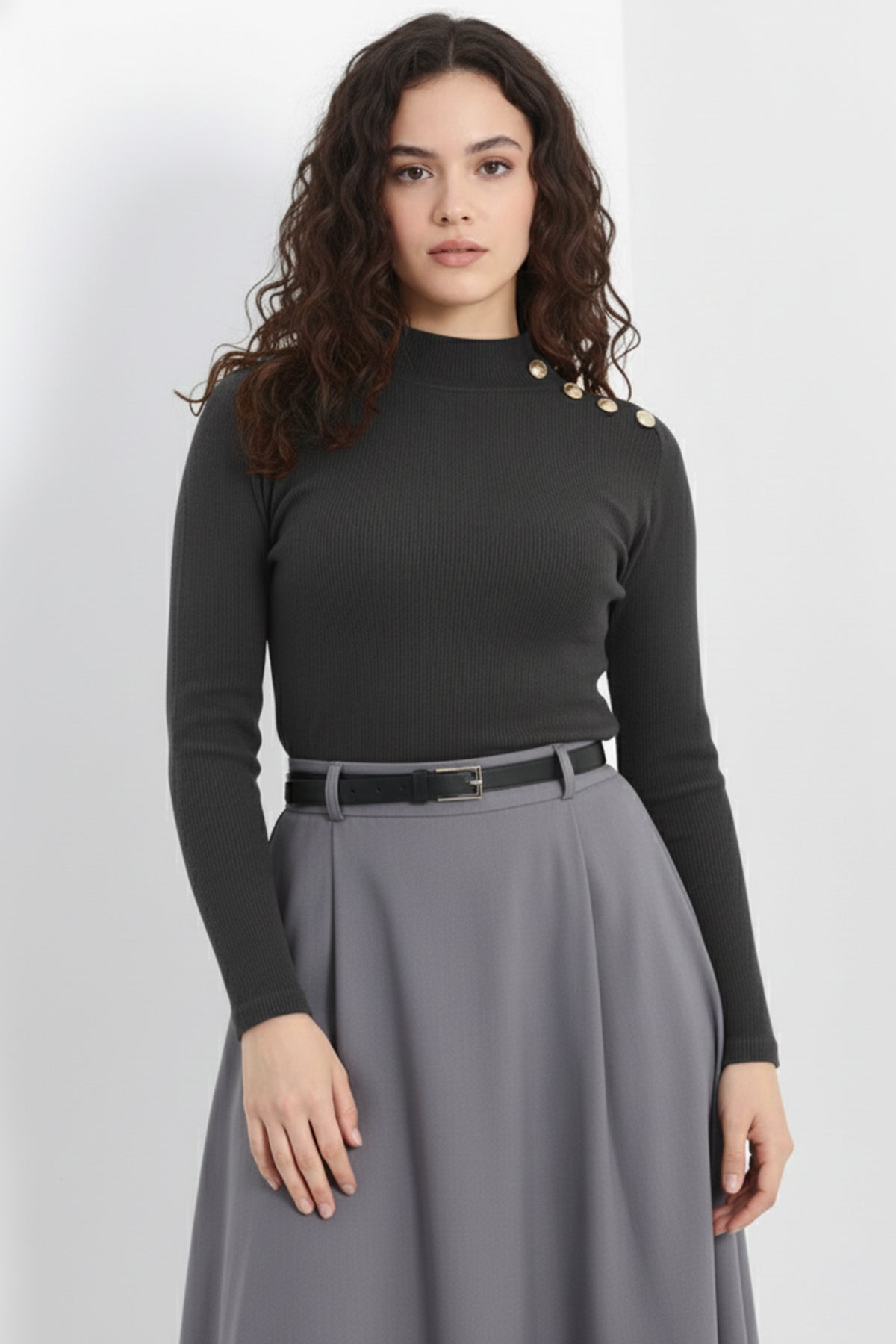 Gold Düğmeli Balıkçı Yaka Fitilli Kaşkorse Bluz - Antrasit