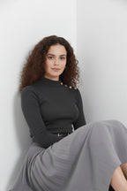 Gold Düğmeli Balıkçı Yaka Fitilli Kaşkorse Bluz - Antrasit