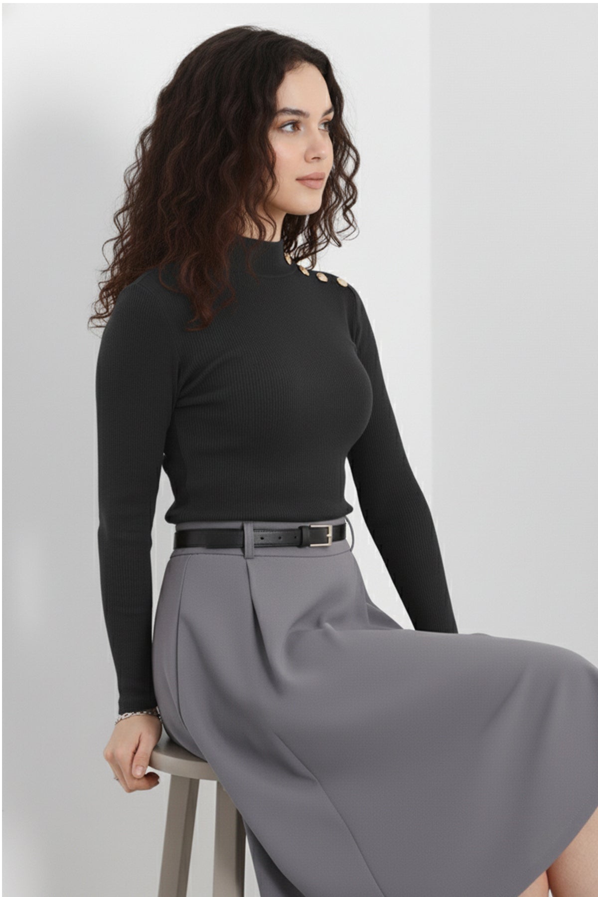 Gold Düğmeli Balıkçı Yaka Fitilli Kaşkorse Bluz - Antrasit