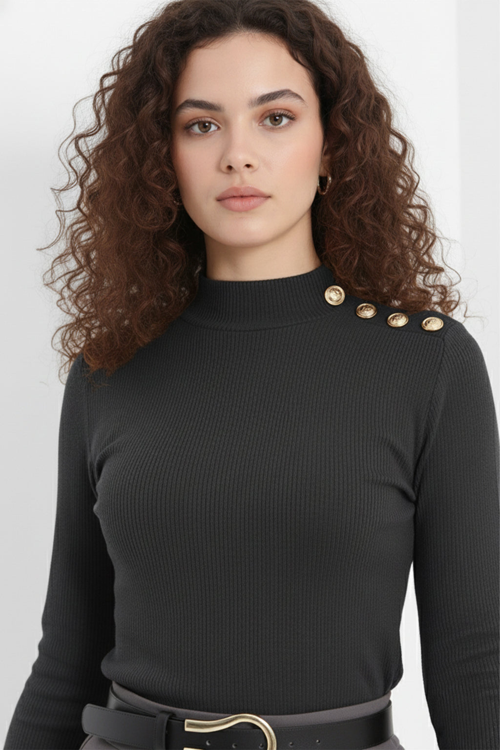 Gold Düğmeli Balıkçı Yaka Fitilli Kaşkorse Bluz - Antrasit