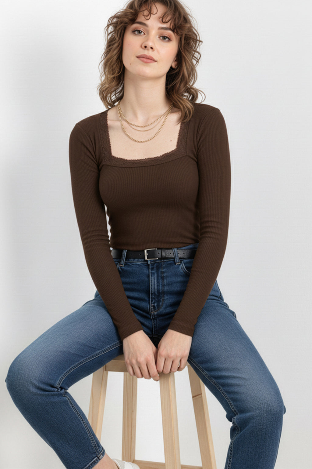 Kare Yaka Dantelli Kaşkorse Bluz - Kahverengi