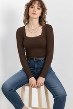 Kare Yaka Dantelli Kaşkorse Bluz - Kahverengi