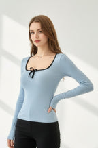 Kare Yaka Kurdele Detay Kaşkorse Bluz - Bebe Mavi