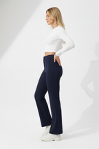Kadın Yüksek Bel Toparlayıcı Çıma Detaylı Scuba Krep Palazzo İspanyol Paça Pantolon - Lacivert