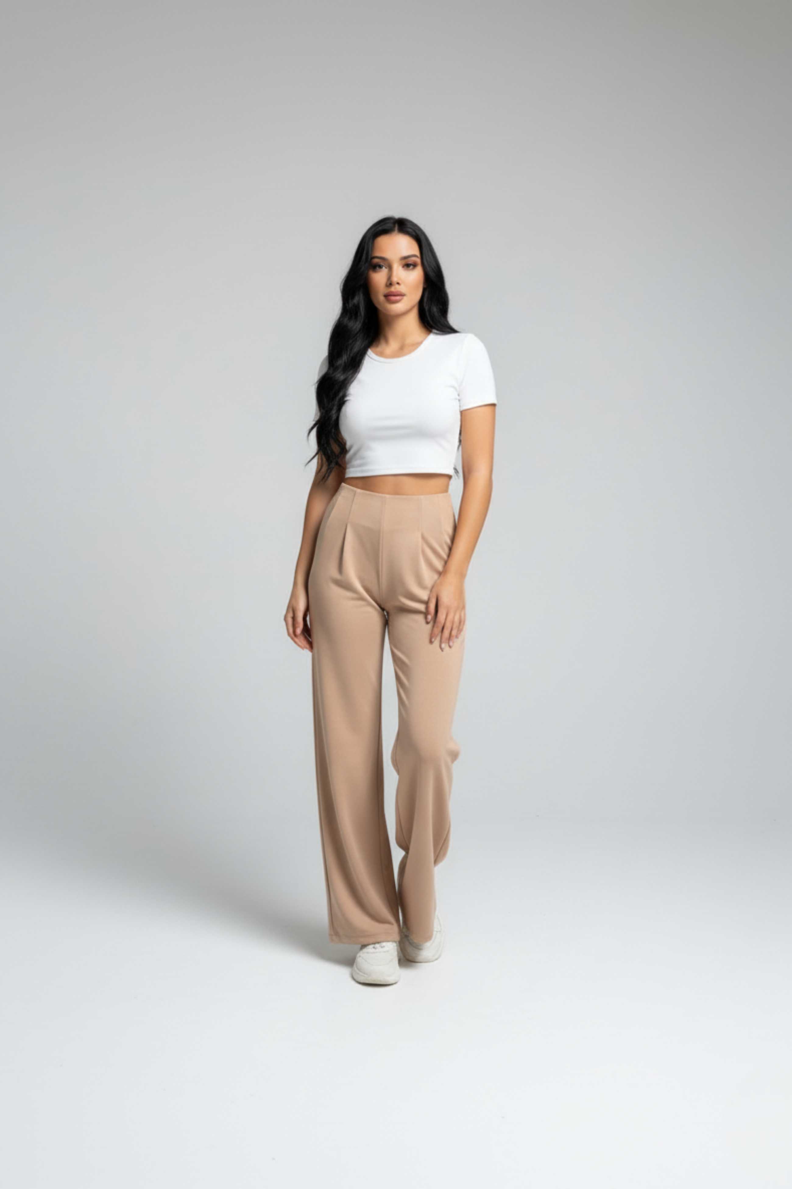 Kadın Yüksek Bel Pensli Bol Paça Krep Palazzo Pantolon – Bej