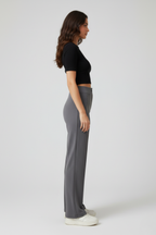 Kadın Yüksek Bel Toparlayıcı Çıma Detaylı Scuba Krep Palazzo İspanyol Paça Pantolon – Gri