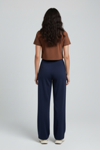 Kadın Yüksek Bel Pensli Krep Palazzo Pantolon – Lacivert