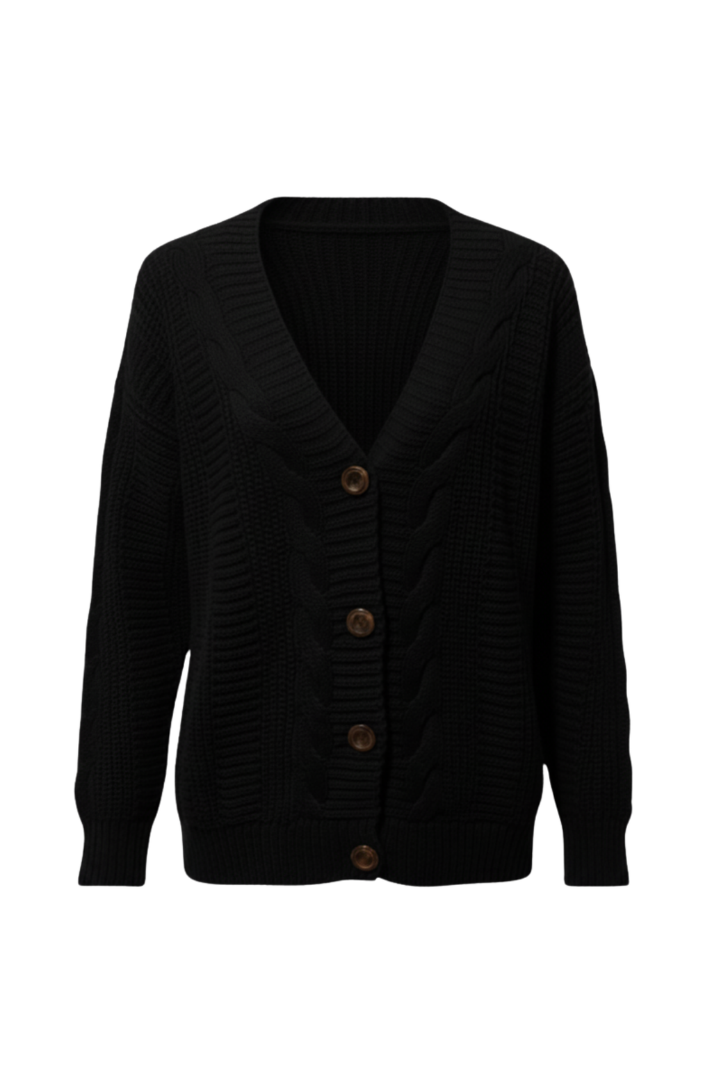 Kadın Siyah Düğmeli Kısa Triko Hırka – Burgulu Örgü Desenli