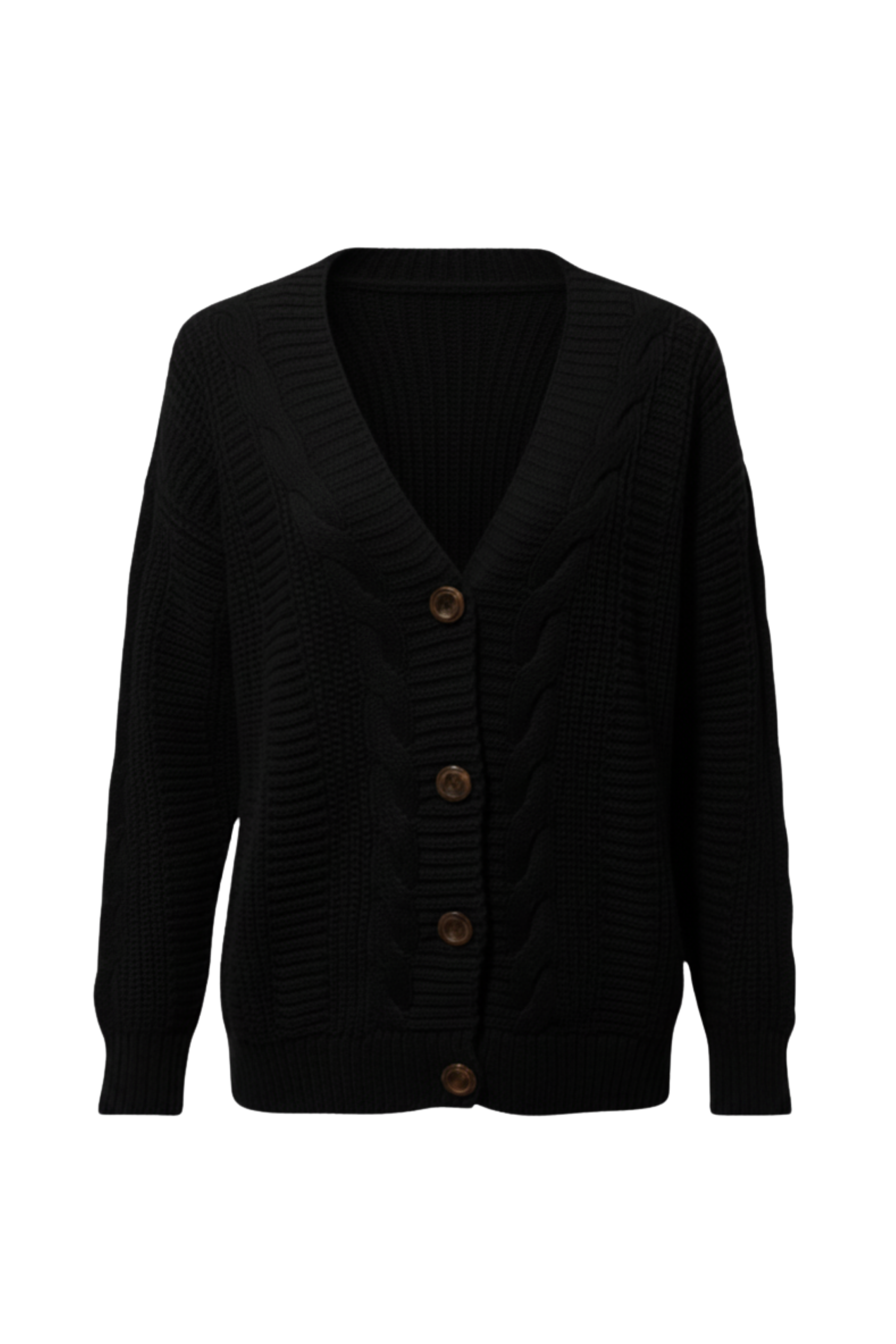 Kadın Siyah Düğmeli Kısa Triko Hırka – Burgulu Örgü Desenli