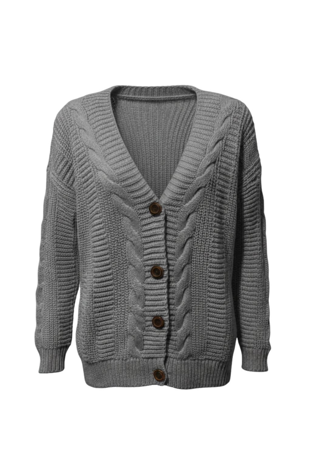 Kadın Gri Düğmeli Kısa Triko Hırka – Burgulu Örgü Desenli