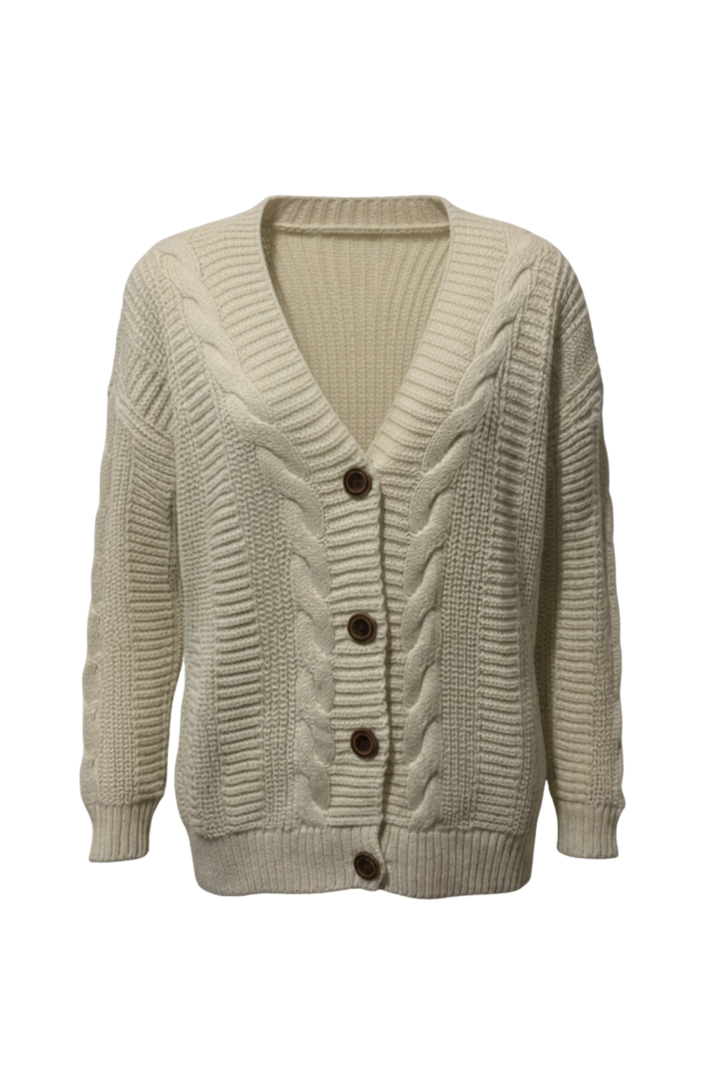 Kadın Krem Düğmeli Kısa Triko Hırka – Burgulu Örgü Desenli