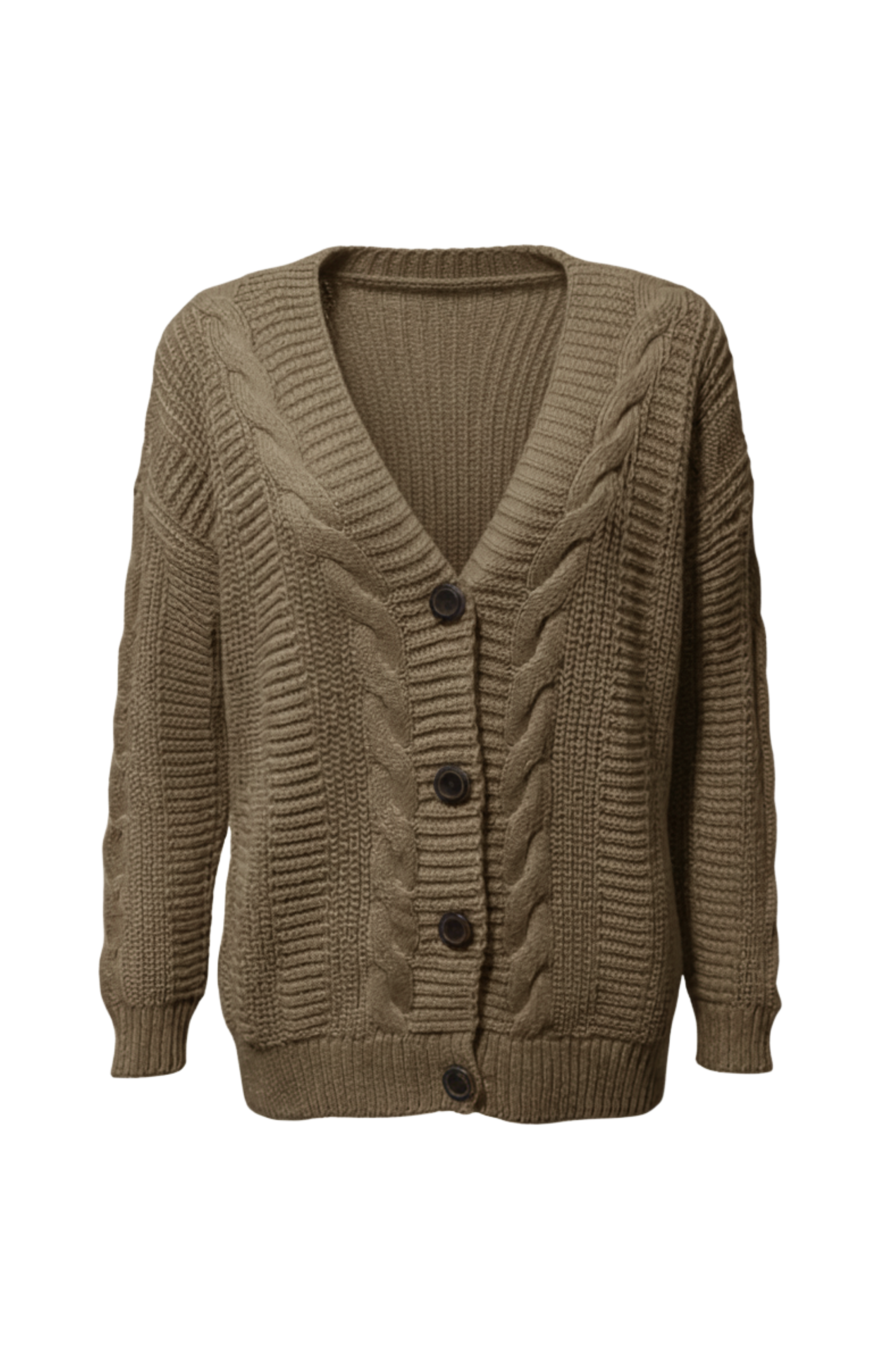 Kadın Kahve Düğmeli Kısa Triko Hırka – Burgulu Örgü Desenli