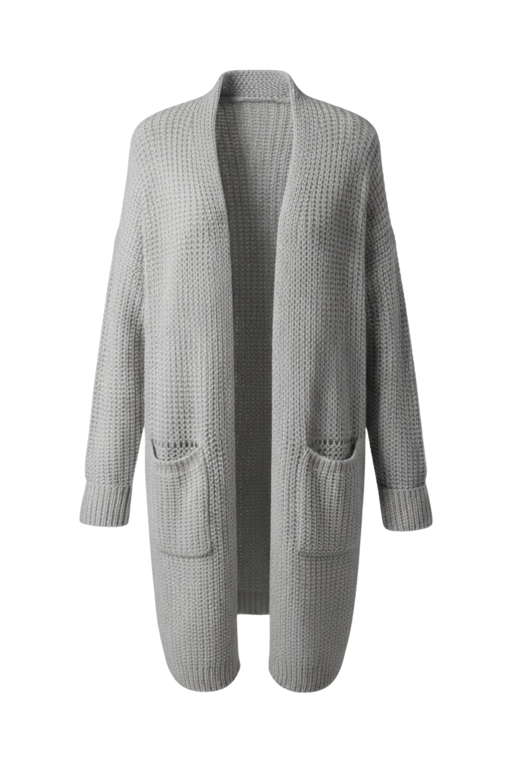 Kadın Gri Uzun Oversize Örgü Hırka – Cepli Kalın Triko