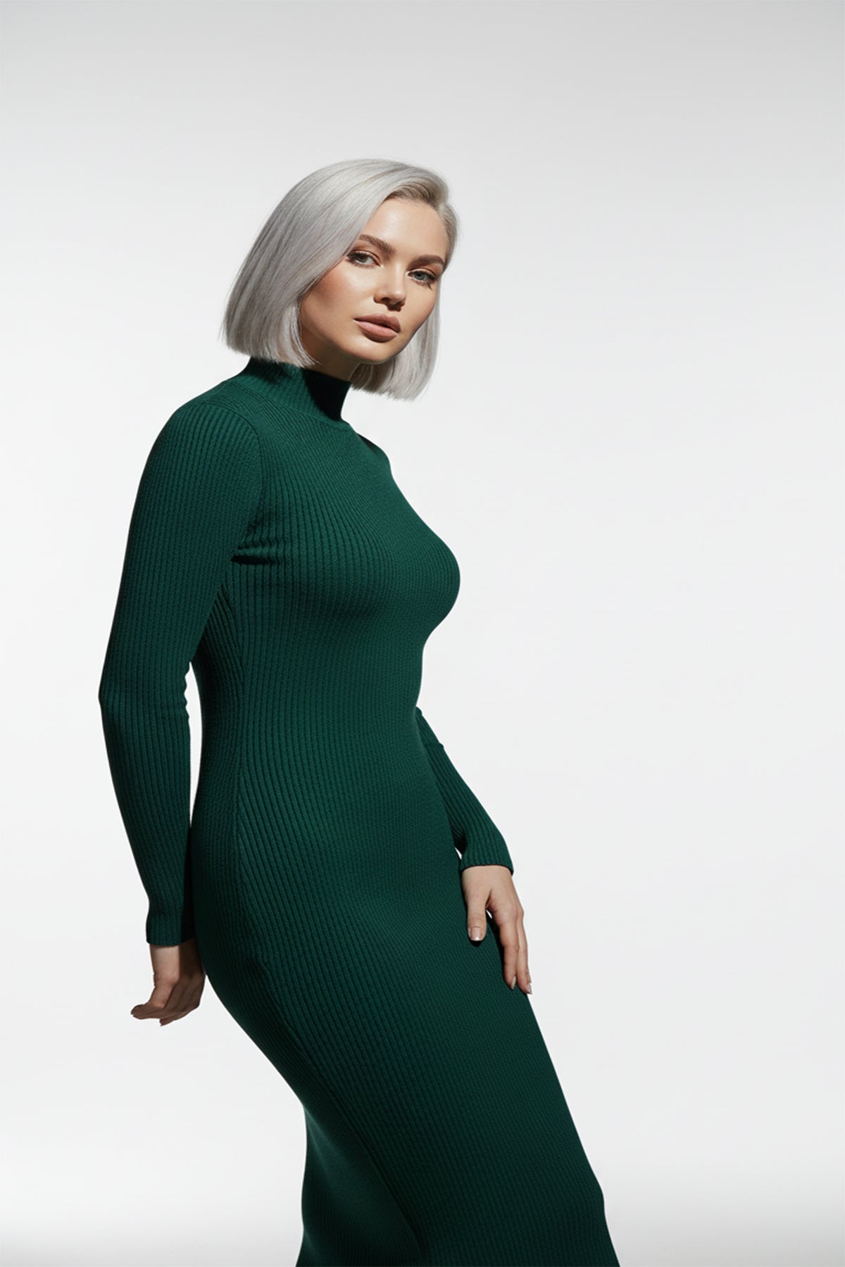 Kadın Balıkçı Yaka Yeşil Uzun Elbise