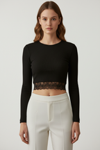 Kaşkorse Dantelli Crop Bluz - Siyah