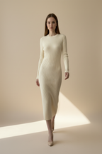 Kadın Bisiklet Yaka Uzun Elbise - Bej