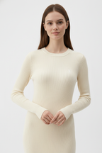 Kadın Bisiklet Yaka Uzun Elbise - Bej