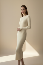 Kadın Bisiklet Yaka Uzun Elbise - Bej