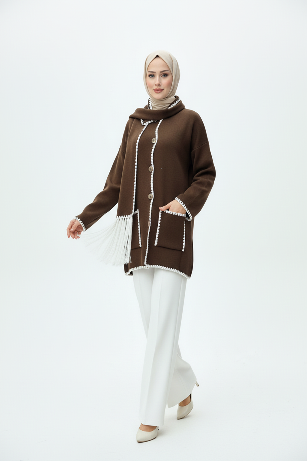 Kadın Nakış Detaylı Atkılı Yumuşak Ceket - Kahverengi