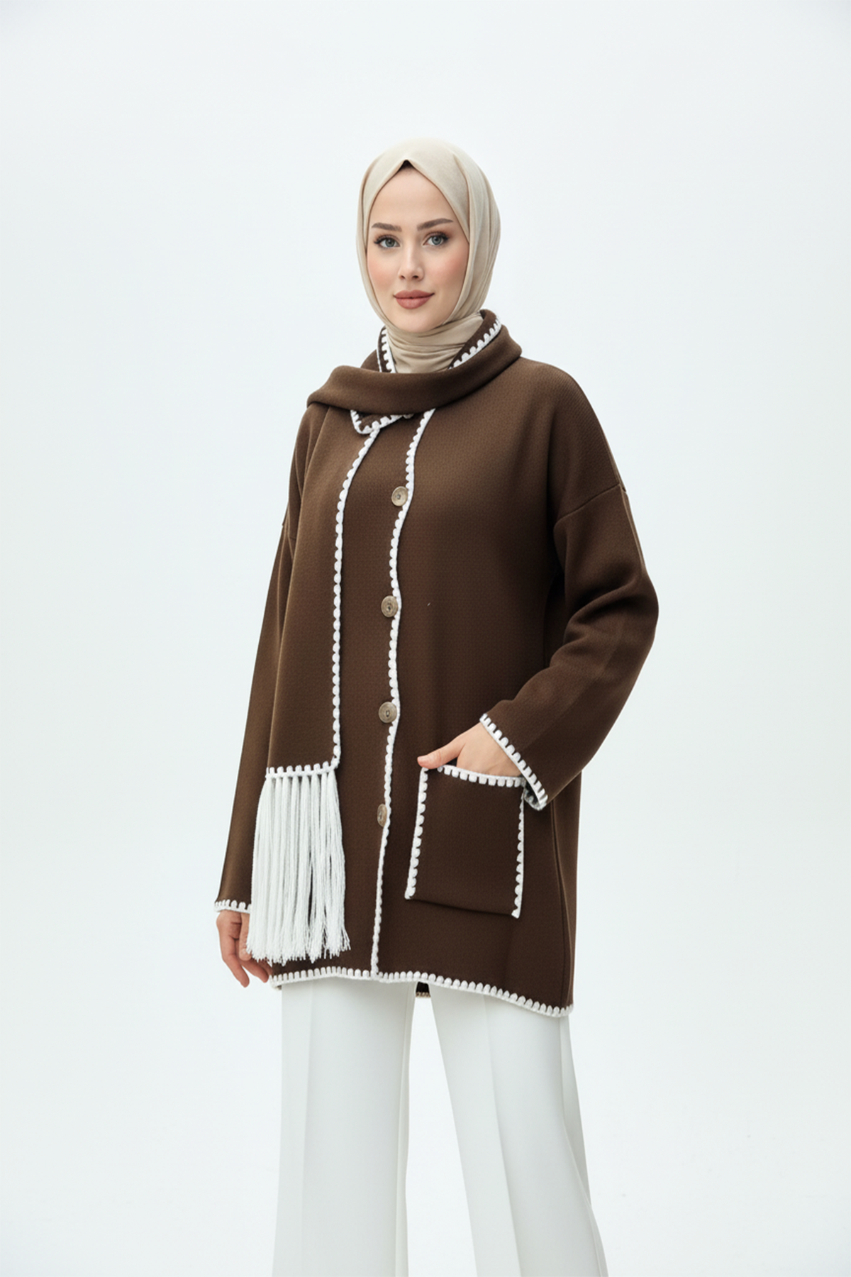 Kadın Nakış Detaylı Atkılı Yumuşak Ceket - Kahverengi