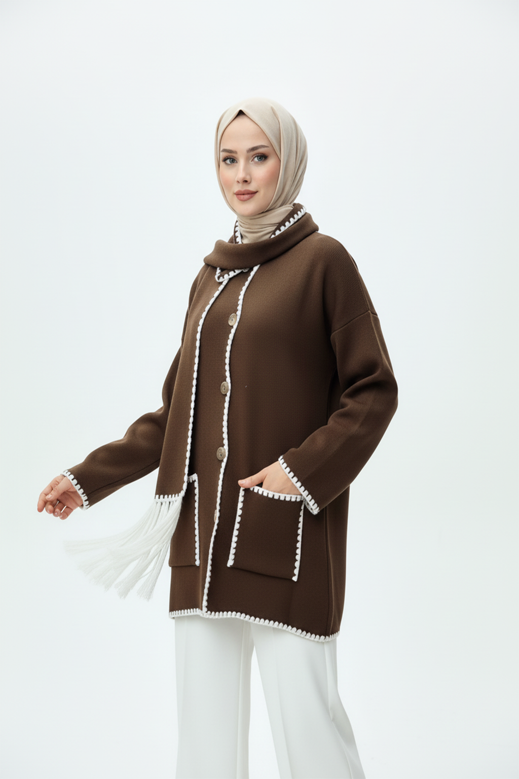 Kadın Nakış Detaylı Atkılı Yumuşak Ceket - Kahverengi