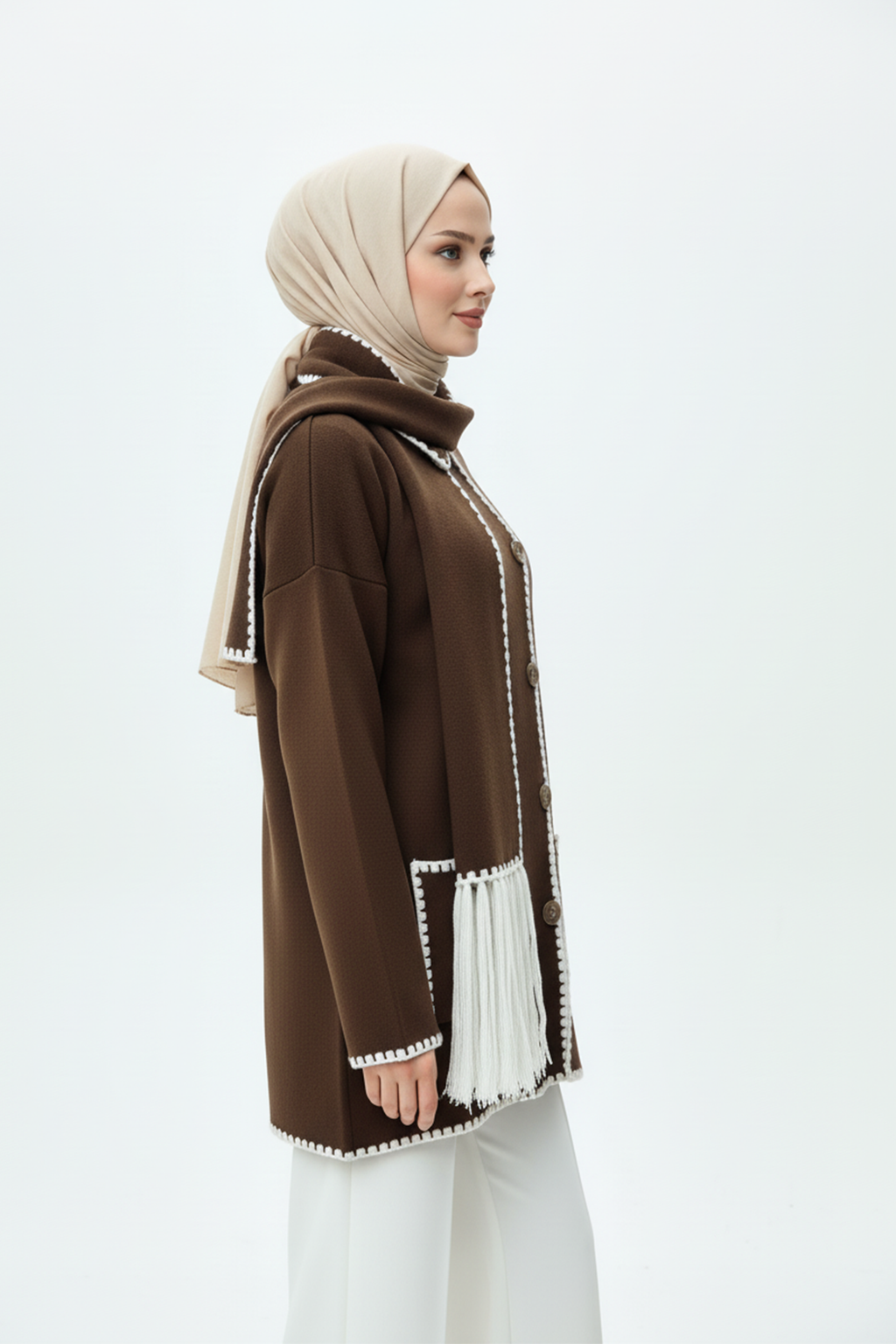 Kadın Nakış Detaylı Atkılı Yumuşak Ceket - Kahverengi