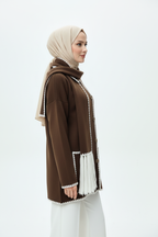 Kadın Nakış Detaylı Atkılı Yumuşak Ceket - Kahverengi