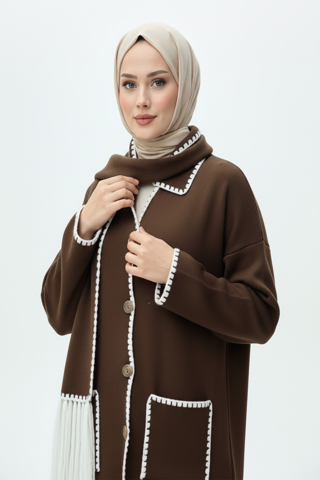 Kadın Nakış Detaylı Atkılı Yumuşak Ceket - Kahverengi