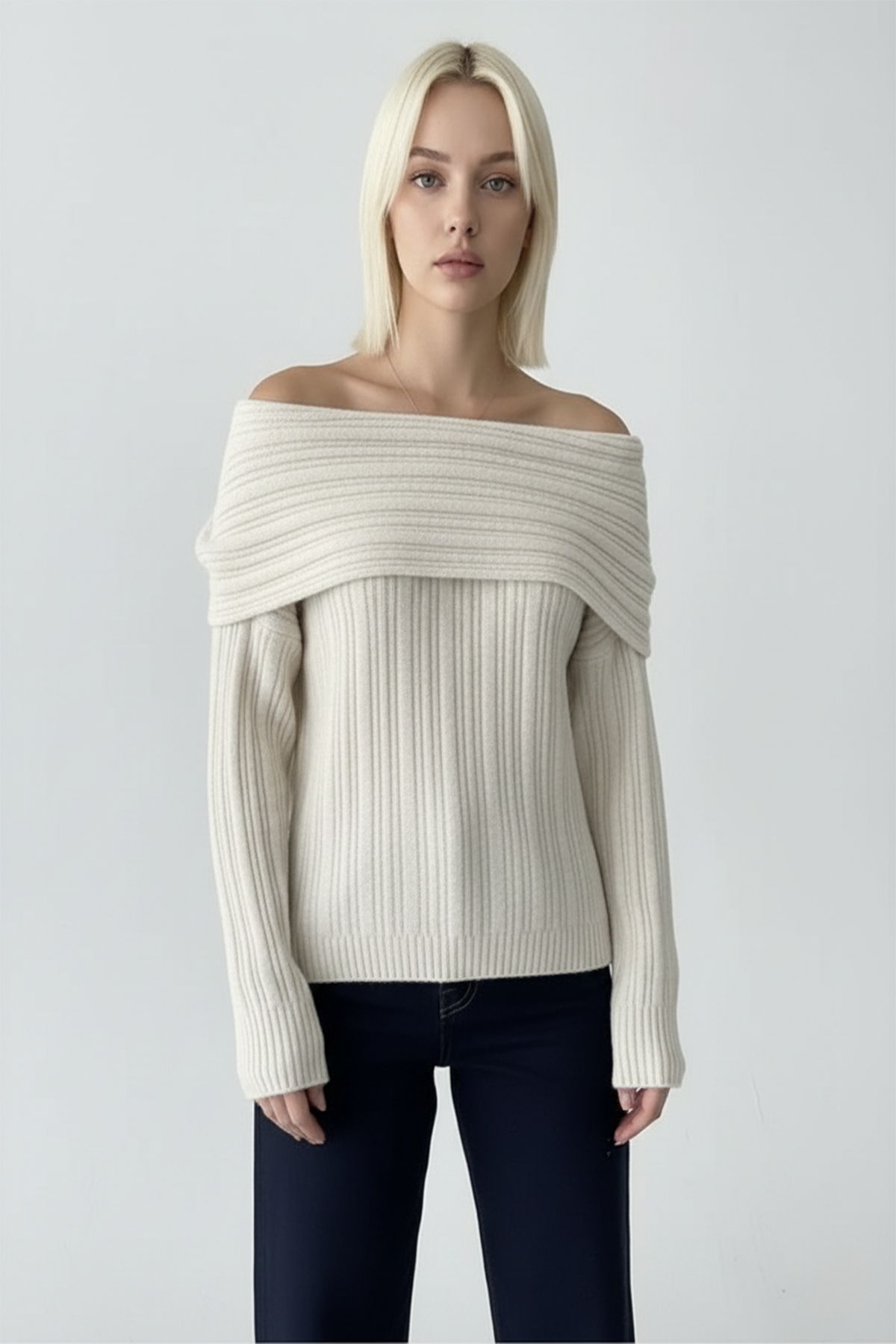 Fitilli Krem Rengi Madonna Yaka Kazak