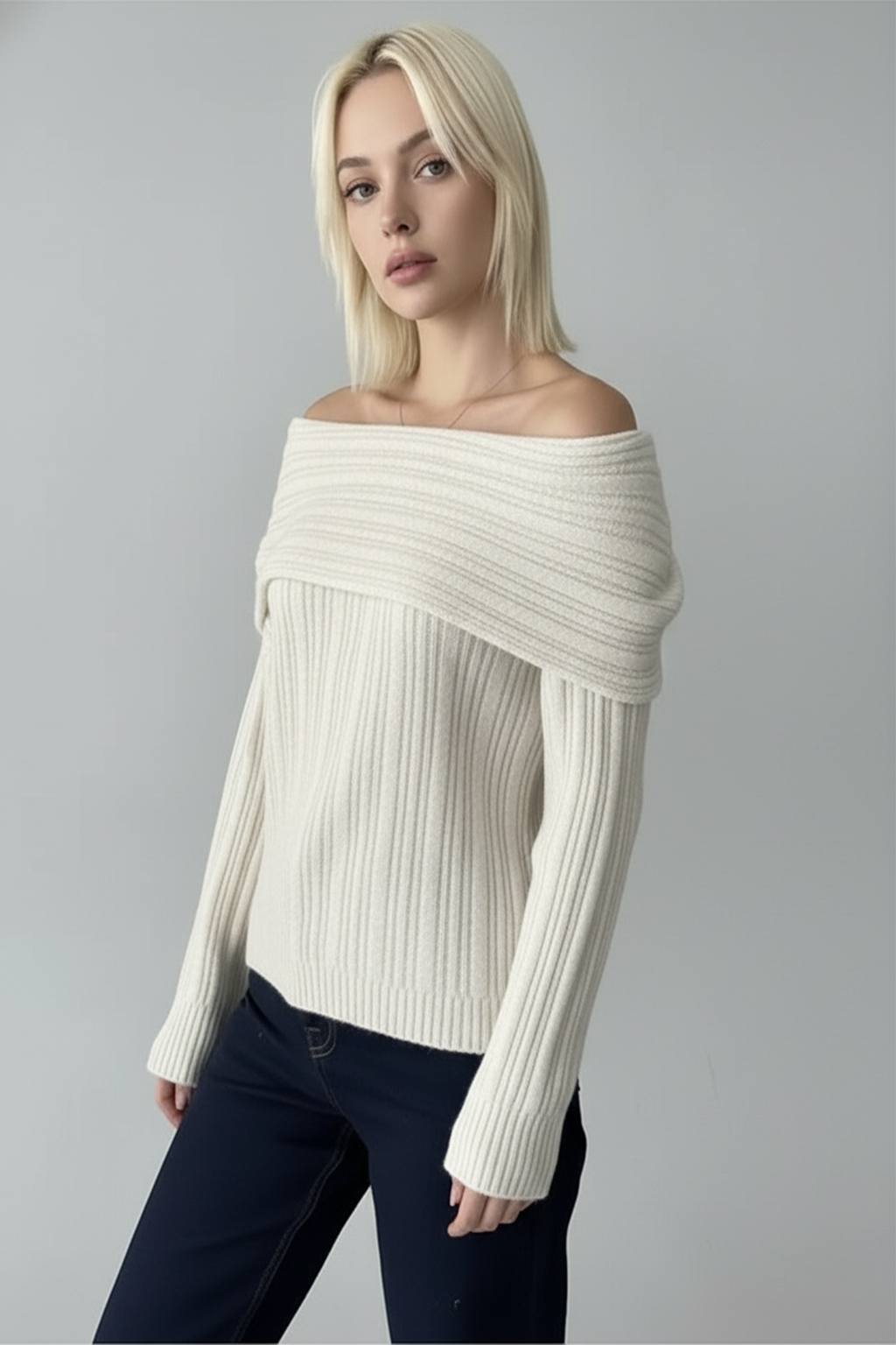 Fitilli Krem Rengi Madonna Yaka Kazak