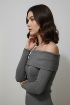 Kadın Madonna Yaka Şardonlu Gri Bluz